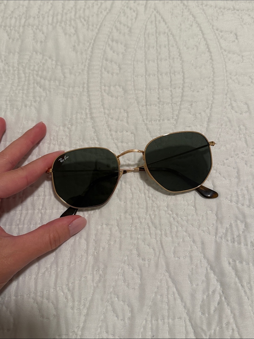 Ray-Ban Gold hexagonal Sunglasses with Green Lenses